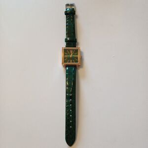 Vintage Gold Tone Tank Watch Green Faux Malachite Dial Art Deco Style
